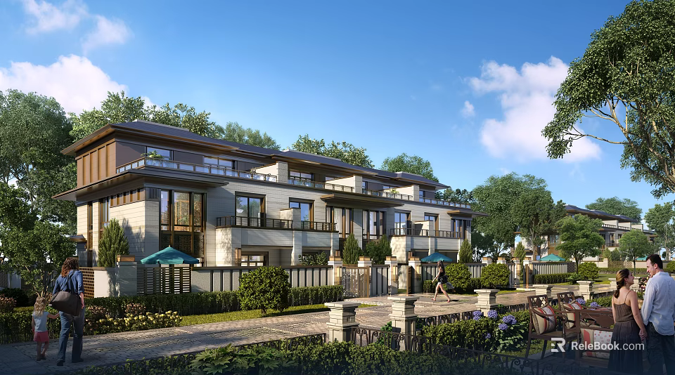 Modern Townhouse Exterior Design With Multiple Units Balconies Large Windows And Greenery 3d model 