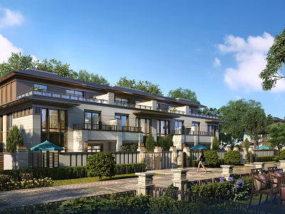 Modern Townhouse Exterior Design With Multiple Units Balconies Large Windows And Greenery 3d model