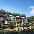 Modern Townhouse Exterior Design With Multiple Units Balconies Large Windows And Greenery