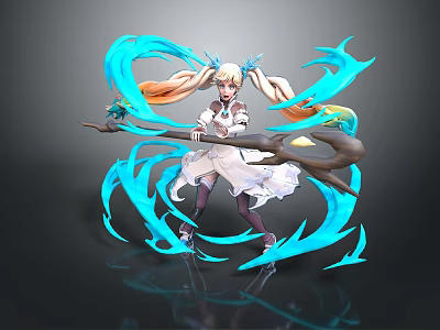 Anime Collectible Toy Figure Female Character With Twin Tails Blue Flames And Staff 3d model