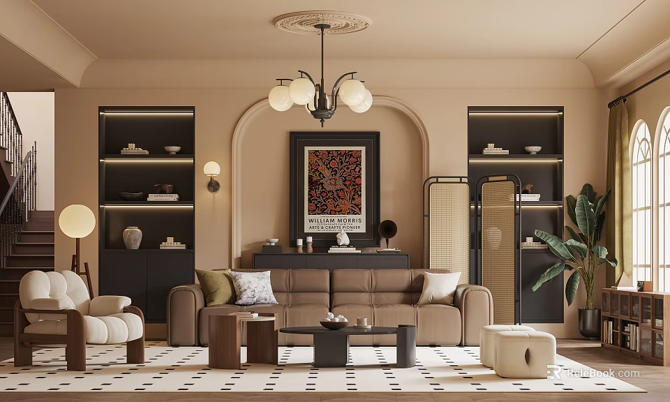 Cozy Living Room with Beige Walls Arched Doorway Chandelier Dark Shelves Brown Sofa and Rug 3d model 