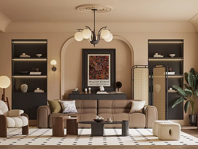 Cozy Living Room with Beige Walls Arched Doorway Chandelier Dark Shelves Brown Sofa and Rug 3d model