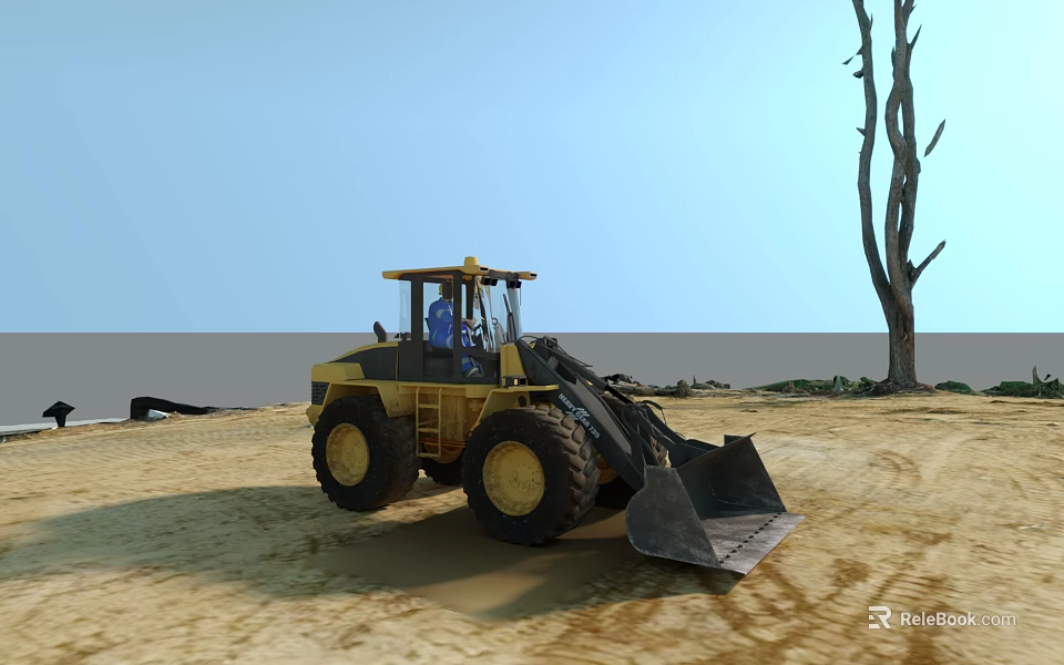 Yellow Heavy Duty Utility Loader Vehicle Operating On Sandy Terrain With Large Tires And Front Bucket 3d model 