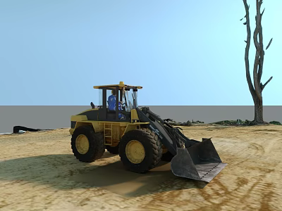 Yellow Heavy Duty Utility Loader Vehicle Operating On Sandy Terrain With Large Tires And Front Bucket 3d model