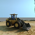 Yellow Heavy Duty Utility Loader Vehicle Operating On Sandy Terrain With Large Tires And Front Bucket