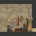 Rustic Interior Setup With Brick Wall Hanging Meat Wooden Barrel Tools And Stone Column 3d model