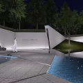 Modern Garden Landscape Design With Stone Pathway Purple Flowers And Illuminated Trees