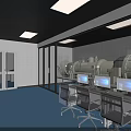 Spacious Modern Laboratory With Advanced Equipment Multiple Computer Workstations And Blue Floor 3d model
