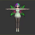 Cartoon Fairy Character With Purple Green Hair Green Wings Light Green Dress And Patterned Tights