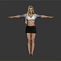 Blonde Woman Standing with Arms Outstretched in White Top Black Skirt Against Grey Background