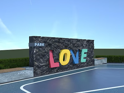 Stone Building Facade with PARK Sign Colorful LOVE Letters under Blue Sky Green Grass 3d model