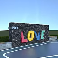 Stone Building Facade with PARK Sign Colorful LOVE Letters under Blue Sky Green Grass