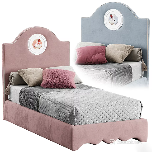 Stylish Single Bed With Pink Headboard Circular Decor Soft Colorful Pillows And Gray Mattress 3d model 