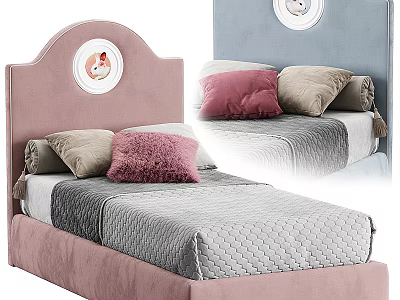 Stylish Single Bed With Pink Headboard Circular Decor Soft Colorful Pillows And Gray Mattress 3d model