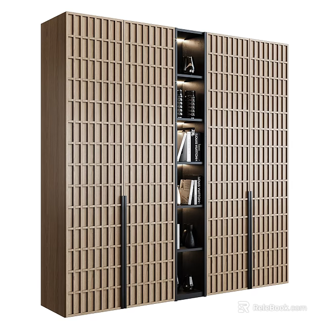 Modern Wooden Bookcase With Lattice Panel Design And Shelves Holding Books And Decor 3d model 