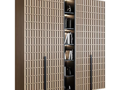 Modern Wooden Bookcase With Lattice Panel Design And Shelves Holding Books And Decor 3d model