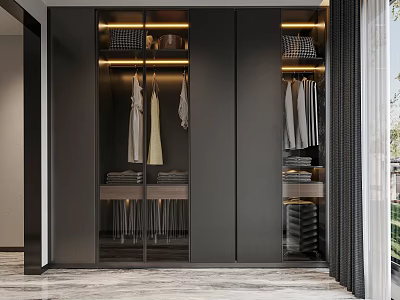 Modern Walk in Closet Interior Design With Sleek Cabinets Hanging Clothes And Storage Lighting 3d model