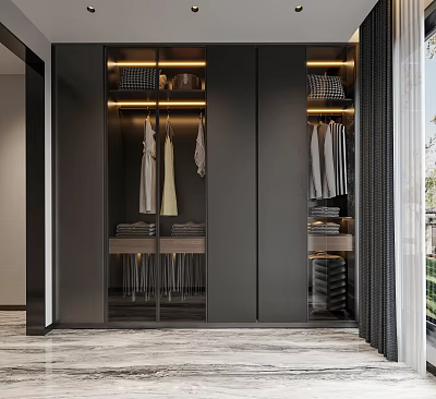 Modern Walk in Closet Interior Design With Sleek Cabinets Hanging Clothes And Storage Lighting 3d model