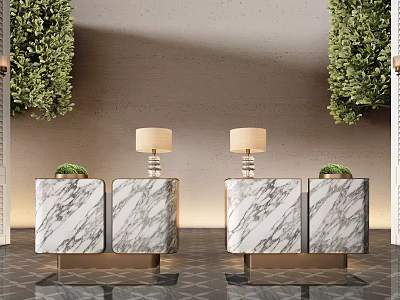 Modern Reception Desk Interior With Marble Countertops Table Lamps And Green Plants 3d model