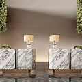 Modern Reception Desk Interior With Marble Countertops Table Lamps And Green Plants