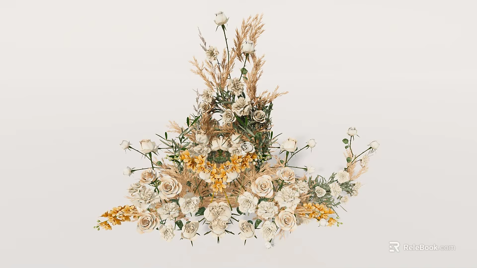 Elegant Floral Arrangement With White Roses Yellow Flowers And Dried Grass 3d model 