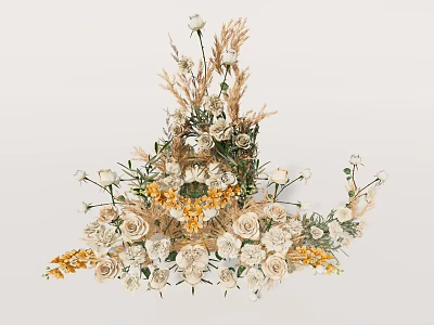 Elegant Floral Arrangement With White Roses Yellow Flowers And Dried Grass 3d model