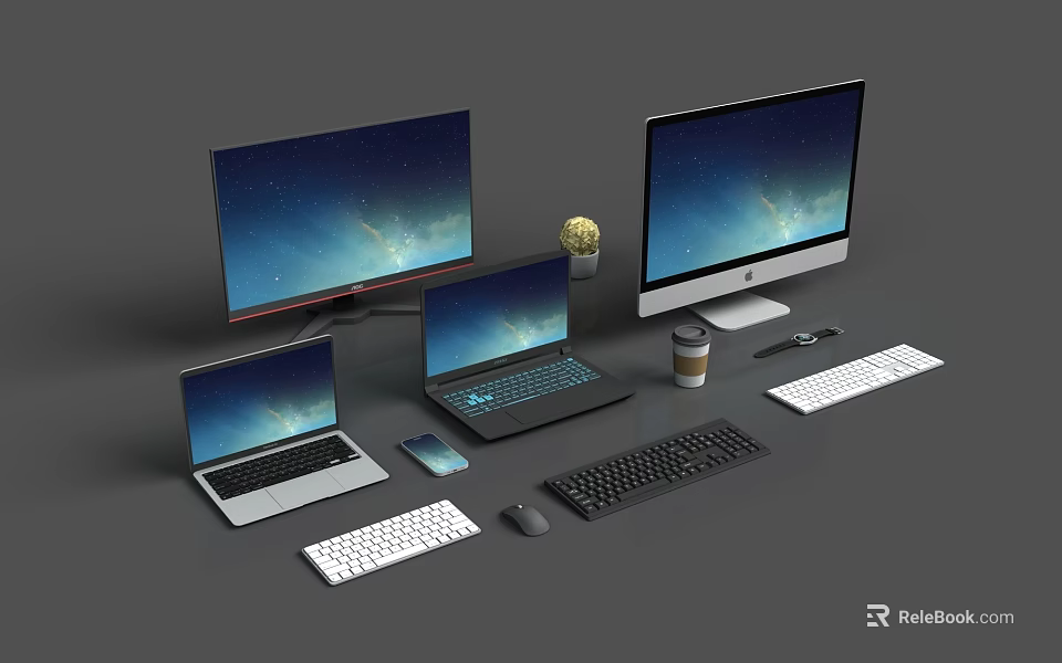 Modern Computer Workspace With Laptops Monitors Keyboard Mouse Smartphone Coffee Cup And Plant 3d model 