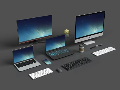 Modern Computer Workspace With Laptops Monitors Keyboard Mouse Smartphone Coffee Cup And Plant 3d model