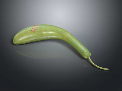 Fresh Green Curved Banana With Red Label And Long Stem 3d model