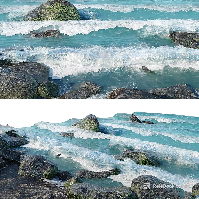 Natural Garden Water Feature With Waves Rocks And White Foam Blue Water Design 3d model 