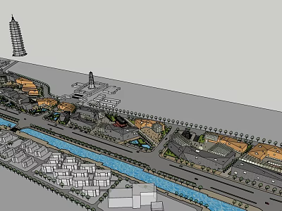 Vibrant Commercial Street With River Traditional Tower Modern Buildings Greenery And Pedestrian Areas 3d model