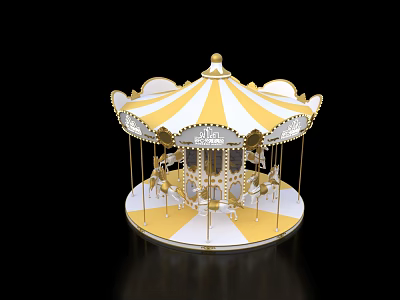 Classic Carousel Amusement Ride With Yellow And White Striped Canopy Golden Decorations And Horse Seats 3d model