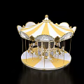 Classic Carousel Amusement Ride With Yellow And White Striped Canopy Golden Decorations And Horse Seats