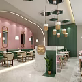 Elegant Modern Pink Green Restaurant Interior With Arched Doorways Pendant Lights And Marble Reception Desk