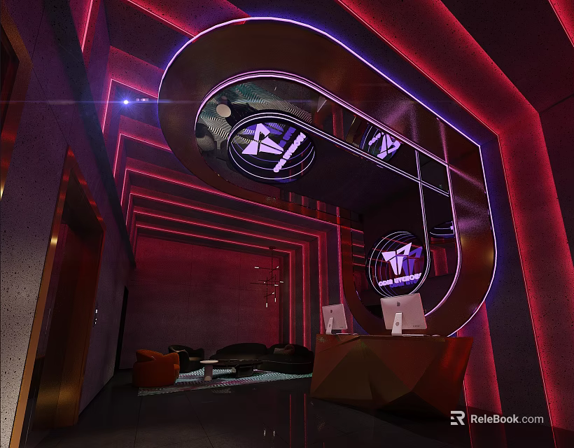 Modern Store Front Desk Design With Neon Lights And Metal Frame Decorations 3d model 