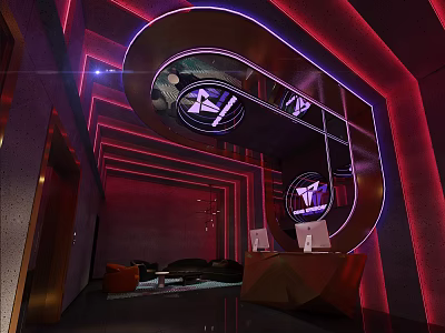 Modern Store Front Desk Design With Neon Lights And Metal Frame Decorations 3d model