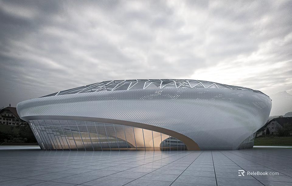 Modern Architectural Building With Sleek Exterior Glass Facade And Metallic Roof Geometric Pattern Open Plaza 3d model 
