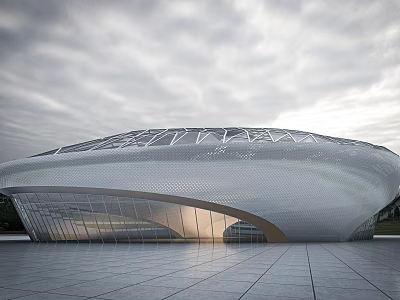 Modern Architectural Building With Sleek Exterior Glass Facade And Metallic Roof Geometric Pattern Open Plaza 3d model