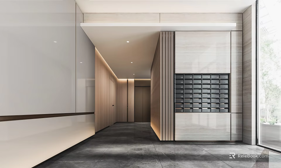 Minimalist Elevator Hallway Interior With Recessed Lighting Wooden Panel Walls And Sleek Elevator Doors 3d model 