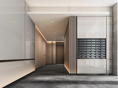 Minimalist Elevator Hallway Interior With Recessed Lighting Wooden Panel Walls And Sleek Elevator Doors 3d model