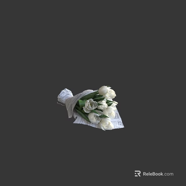 Fresh White Tulips Bouquet Wrapped In Newspaper On Dark Background 3d model 