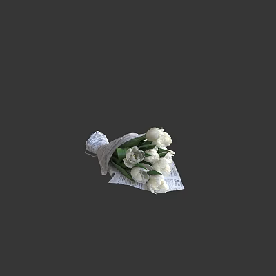 Fresh White Tulips Bouquet Wrapped In Newspaper On Dark Background 3d model