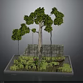 Lush Green Plants With Tall Tree And Water Area In Stone Wall Background