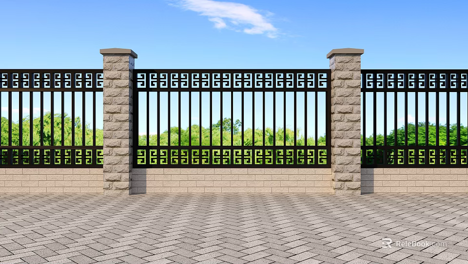Building Exterior Wall Featuring Iron Gate Stone Pillars Green Trees And Blue Sky 3d model 