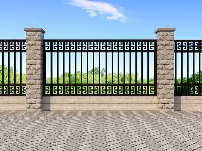 Building Exterior Wall Featuring Iron Gate Stone Pillars Green Trees And Blue Sky 3d model