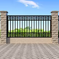 Building Exterior Wall Featuring Iron Gate Stone Pillars Green Trees And Blue Sky