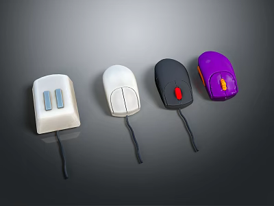 Four Different Wired Computer Mice With Various Colors And Designs 3d model