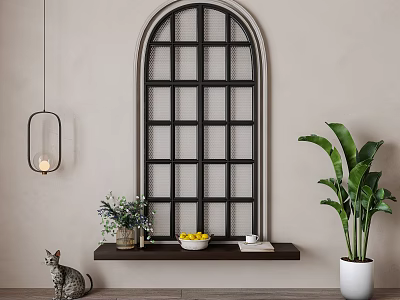 Arched Black Grid French Window With Wooden Sill Lemon Bowl Green Plant And Cat 3d model