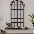 Arched Black Grid French Window With Wooden Sill Lemon Bowl Green Plant And Cat