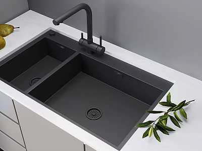 Modern Black Kitchen Faucet Over Double Basin Sink With White Countertop And Gray Cabinets 3d model